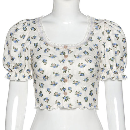 Sweet Floral Print Puff Bell Sleeve Short T-shirt Button Round Neck Crop Top Summer Aesthetic Casual E-Girl Kawaii Korean Japanese Harajuku