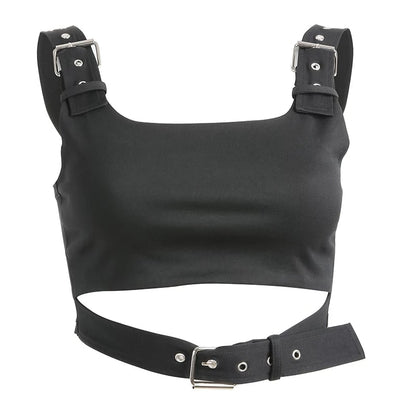 Cute Black Buckle Belt Tank Crop Top Sleeveless Shirt Camisole Bustier Corset Punk Goth Summer Aesthetic E-Girl Kawaii Korean Japanese Harajuku