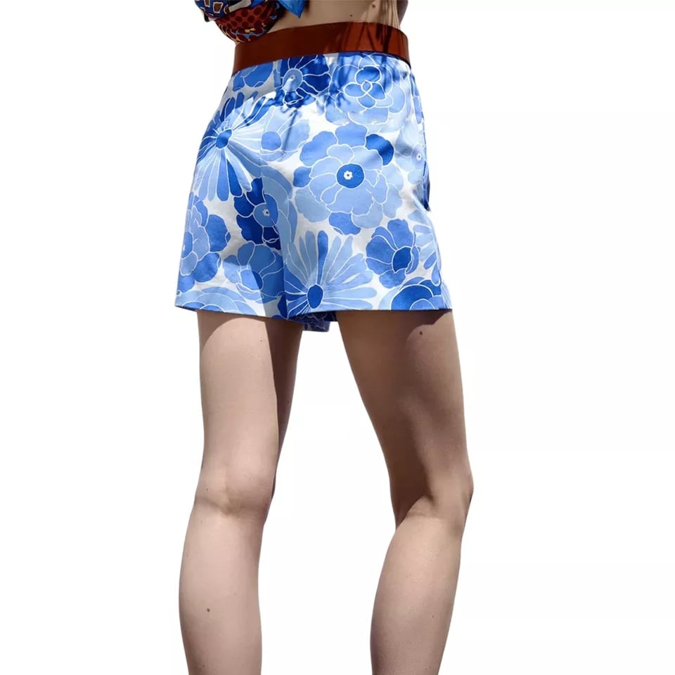 Blue Floral Print High Waisted Shorts