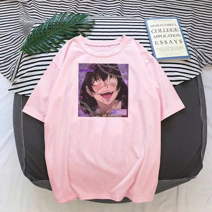 Cute Yandere Anime Girl Cartoon Print Short Sleeve Tee Shirt T-shirt Top Punk Goth Summer Casual E-Girl Kawaii Korean Japanese Harajuku Streetwear