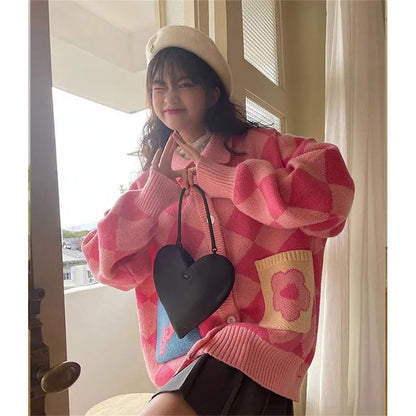 Colorful Checkered Oversized Cardigan Sweater