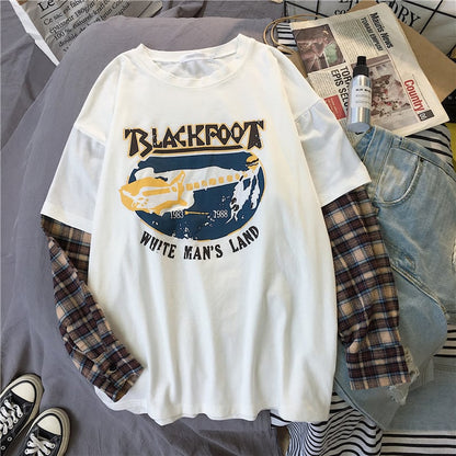 Black White Plaid Patchwork Print Loose Casual Sweatshirt Sweater Long Sleeve Shirt Pullover Jumper E-Girl Kawaii Korean Japanese Harajuku Streetwear