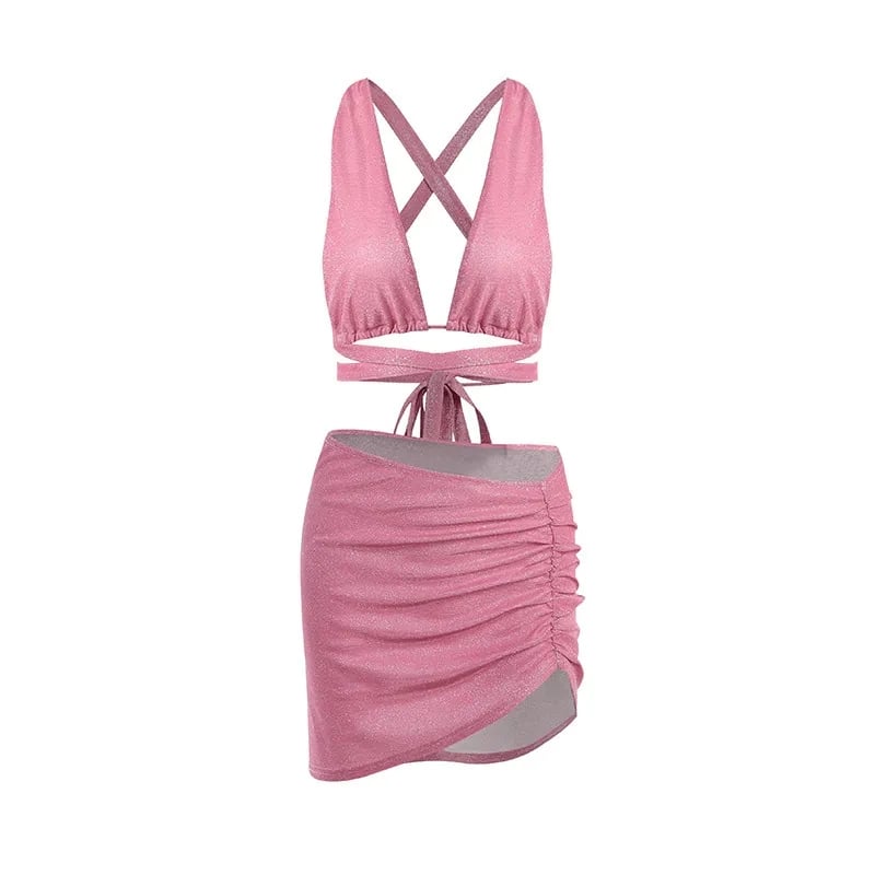 2PCS Pink Sequin Cut Out Tank Top + Mini Skirt