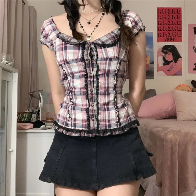 Plaid Ruffle Square V Neck Short Sleeve Top