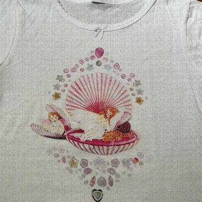 Fairy Shell Print Lace Trim Baby Tee