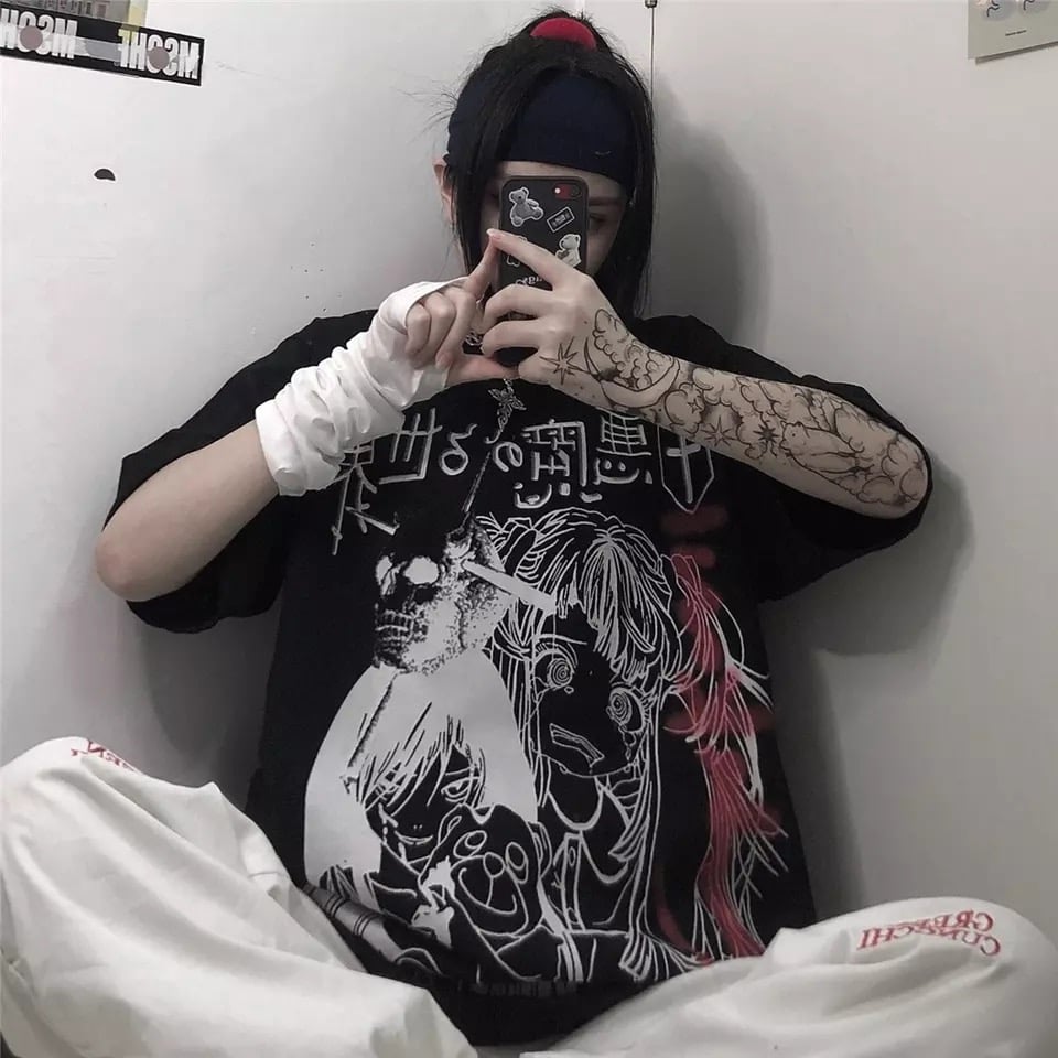 Dark Anime Girl Cartoon Print Loose Short Sleeve T-shirt Top Summer Causal Goth Punk E-Girl Kawaii Korean Japanese Harajuku Streetwear