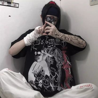 Dark Anime Girl Cartoon Print Loose Short Sleeve T-shirt Top Summer Causal Goth Punk E-Girl Kawaii Korean Japanese Harajuku Streetwear