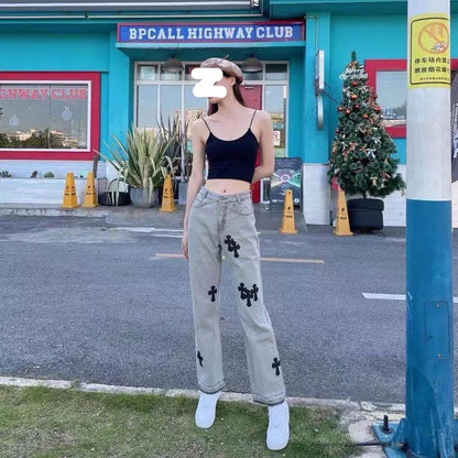 Cute Cross Jean High Waist Straight Baggy Pants Denim Trousers Summer Aesthetic Casual E-Girl Kawaii Korean Japanese Harajuku
