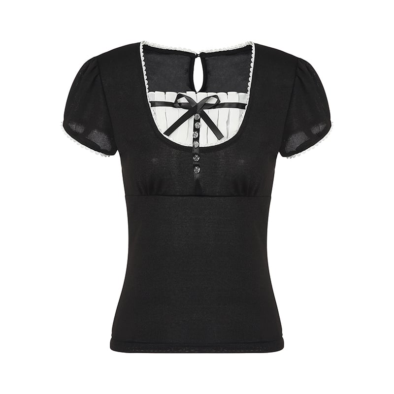 Vintage Bow Ruffle Patchwork Short Sleeve Shirt