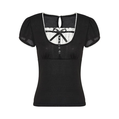 Vintage Bow Ruffle Patchwork Short Sleeve Shirt