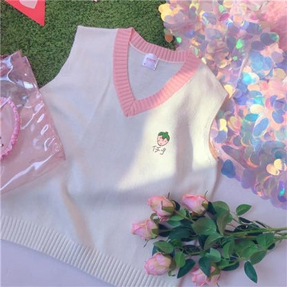 Cute Strawberry Peach Embroidery Knit Vest Sweater Sweatshirt Pullover Long Sleeve Shirt Casual E-Girl Kawaii Korean Japanese Harajuku Streetwear