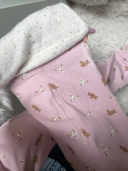 Pink Teddy Bear Print Straight Leg Pants