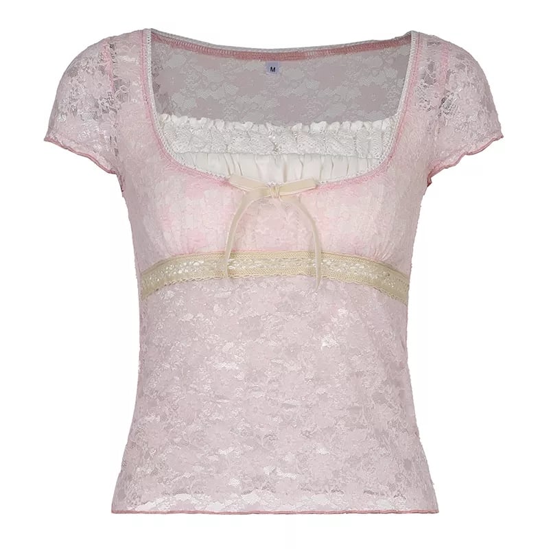 Cute Sweet Pink Lace Trim Short Sleeve Shirt Crop Top Summer Aesthetic Casual E-Girl Kawaii Korean Japanese Harajuku