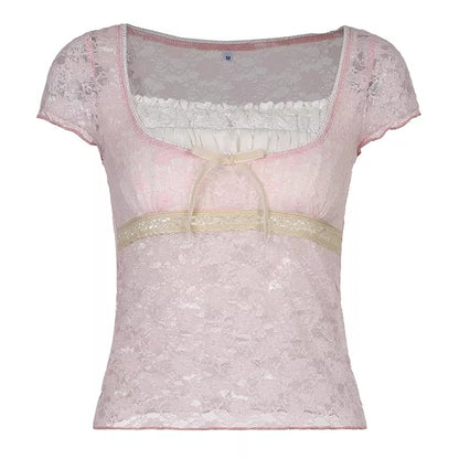 Cute Sweet Pink Lace Trim Short Sleeve Shirt Crop Top Summer Aesthetic Casual E-Girl Kawaii Korean Japanese Harajuku