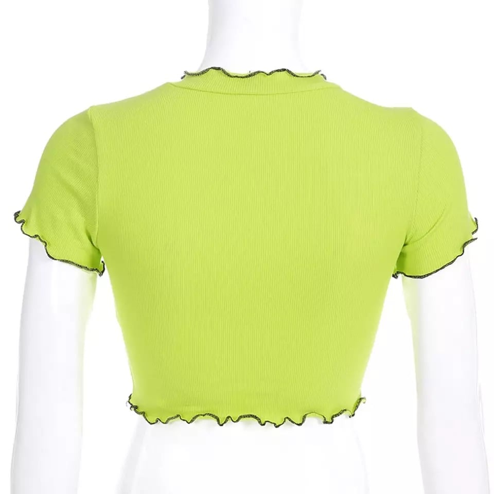 Cute Neon Green Flower Embroidery Casual Summer Crop Top Short Sleeve Tee Shirt T-Shirt E-Girl Kawaii Korean Japanese Harajuku Streetwear