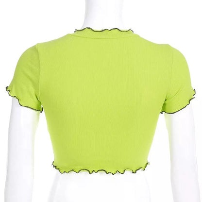 Cute Neon Green Flower Embroidery Casual Summer Crop Top Short Sleeve Tee Shirt T-Shirt E-Girl Kawaii Korean Japanese Harajuku Streetwear