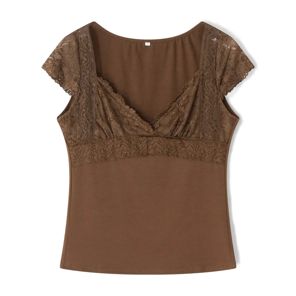 Brown Lace Trim Short Sleeve Shirt