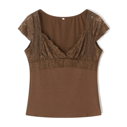 Brown Lace Trim Short Sleeve Shirt