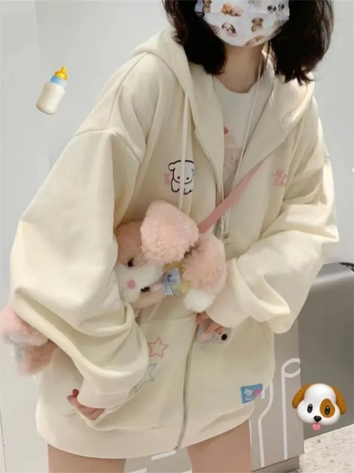 Puppy Embroidery Cartoon Zip Up Hoodie