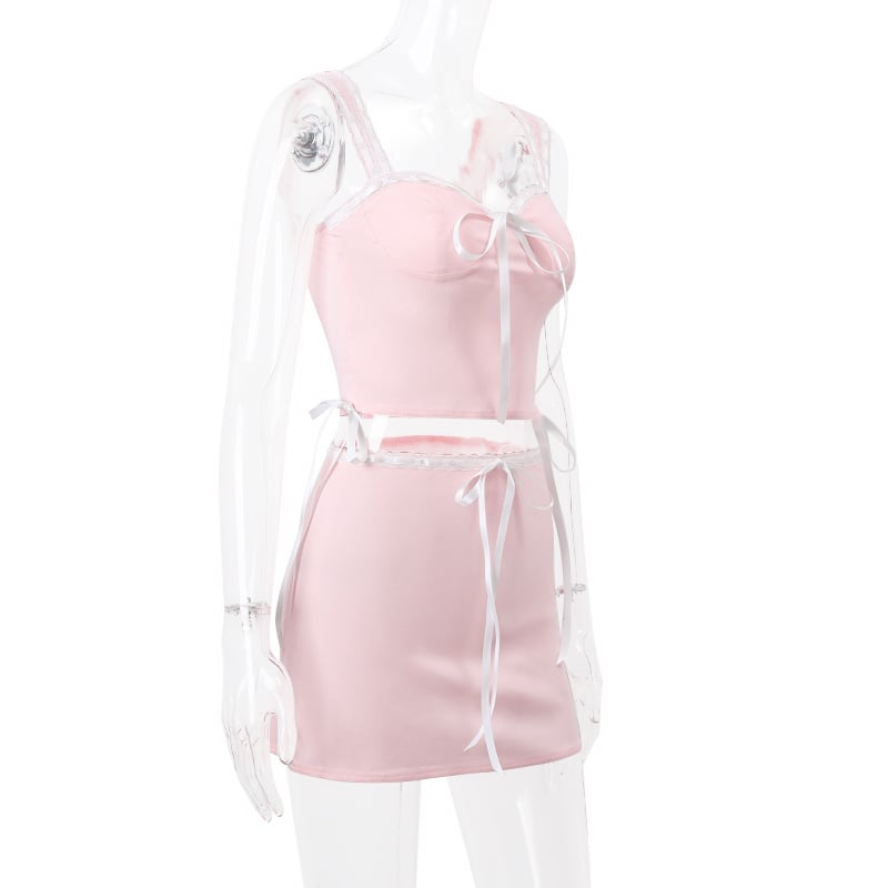 2PCS Sweet Pink Bow Sleeveless Lace Top + Skirt