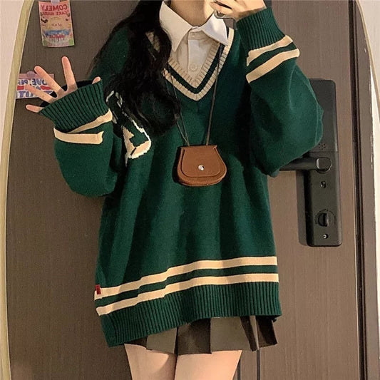 Vintage Green Preppy Oversized Sweater Aesthetic Casual E-Girl Kawaii Korean Japanese Harajuku