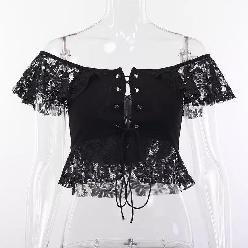 Sexy Black Goth Punk Lace Mesh Hallowout Eyelet Backless Transparent Patchwork T-shirt Top Corset E-Girl Kawaii Korean Japanese Harajuku Streetwear
