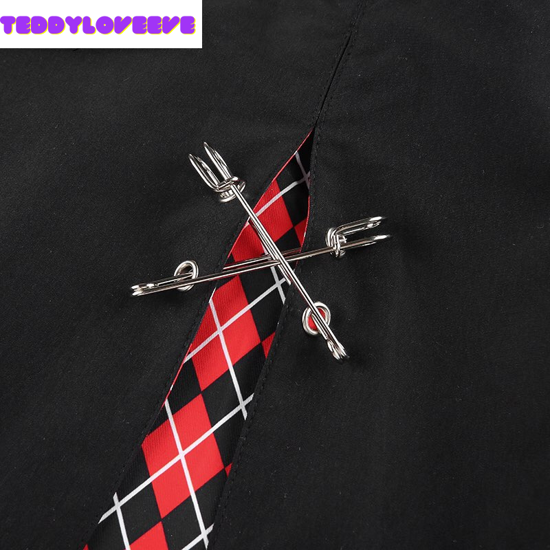Cute Sexy Plaid Patchwork Safety Pins Black A-Line Mini High Waisted Skirt Goth Punk Club E-Girl Kawaii Korean Japanese Harajuku Streetwear