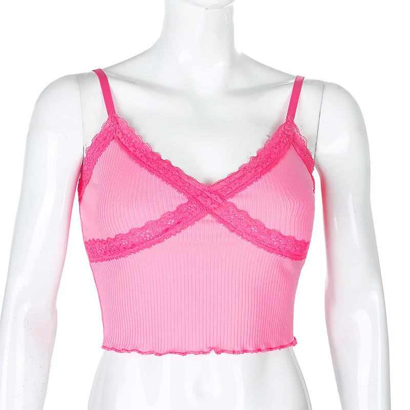 Cute Sexy Lace Patchwork Camisole Spaghetti Strap Crop Top Shirt Tee T-shirt E-Girl Kawaii Korean Japanese Harajuku Chinese Retro Streetwear Aesthetic