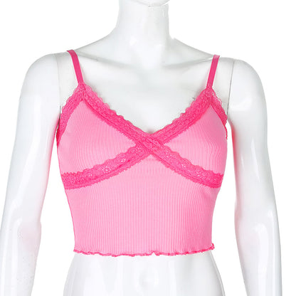 Cute Sexy Lace Patchwork Camisole Spaghetti Strap Crop Top Shirt Tee T-shirt E-Girl Kawaii Korean Japanese Harajuku Chinese Retro Streetwear Aesthetic