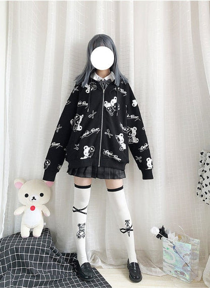 Teddy Bear Scissors Print Hoodie Zip Up Sweater Sweatshirt Long Sleeve Pullover Jumper Goth Punk E-Girl Kawaii Korean Japanese Harajuku Streetwear