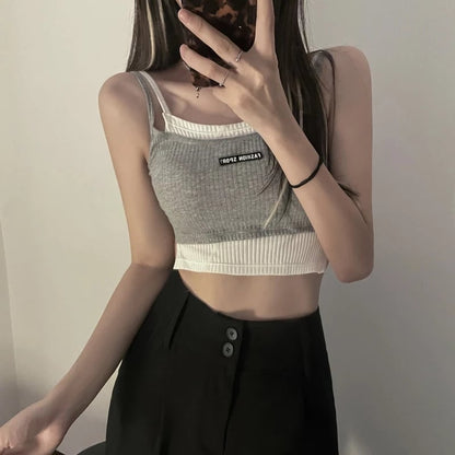 Cute Streetwear Knit Tank Sleeveless Shirt Crop Top Vest Basic Summer Aesthetic Casual E-Girl Kawaii Korean Japanese Harajuku