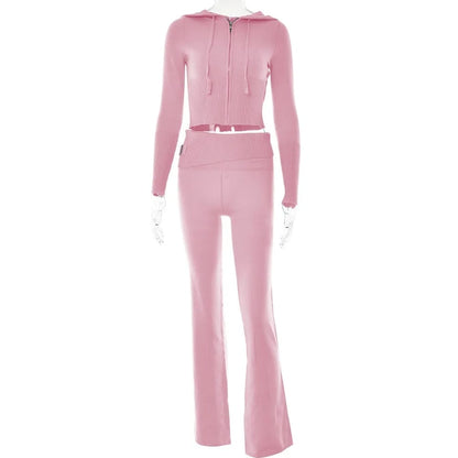 2PCS Pink Zipper Hoodie + Flare Pants Tracksuit Set
