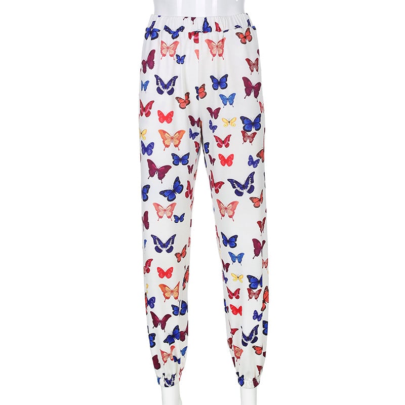 Cute Butterfly Rainbow Print Loose Baggy High Waisted Trousers Joggers Pants Sweats Bottom E-Girl Kawaii Korean Japanese Harajuku Retro Streetwear