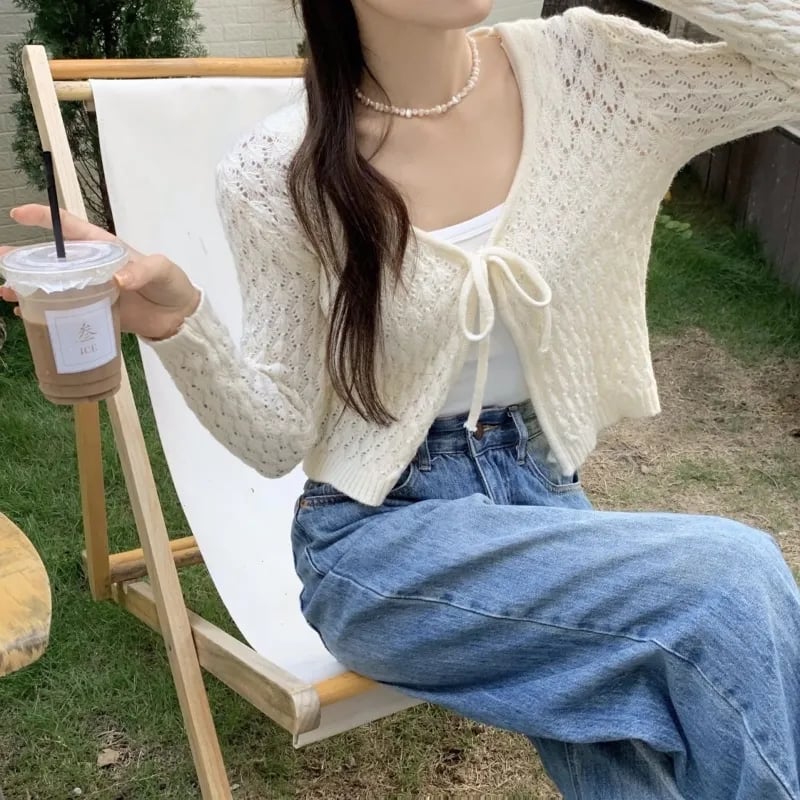 Hollow Out Lace Up V Neck Cardigan