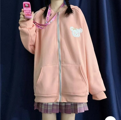 Cute Rabbit Ears Embroidery Loose Long Sleeve Sweatshirt Zip Up Hoodie Aesthetic Casual E-Girl Kawaii Korean Japanese Harajuku