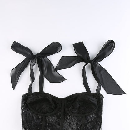 Black Lace Sheer Bow Tie Corset Top