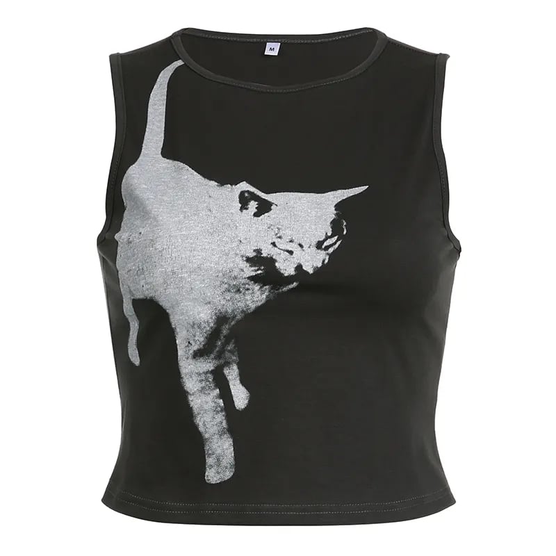 Black Cat Graphic Print Crop Top