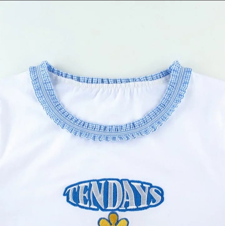 Cute Blue Lace Letter Embroidery Floral Print Short Sleeve Shirt Crop Top Aesthetic Casual Summer E-Girl Kawaii Korean Japanese Harajuku Streetwear