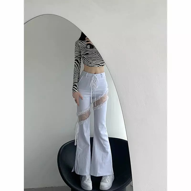 Cute White Lace Hollow Out Side Split High Waist Flare Denim Jeans Pants Trousers Summer Aesthetic Casual E-Girl Kawaii Korean Japanese Harajuku
