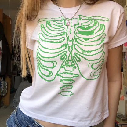 Cute 90s Vintage Skull Bone Ribs Short Sleeve Tee Crop Top Basic Casual Punk Goth Summer E-Girl Kawaii Korean Japanese Harajuku Streetwear