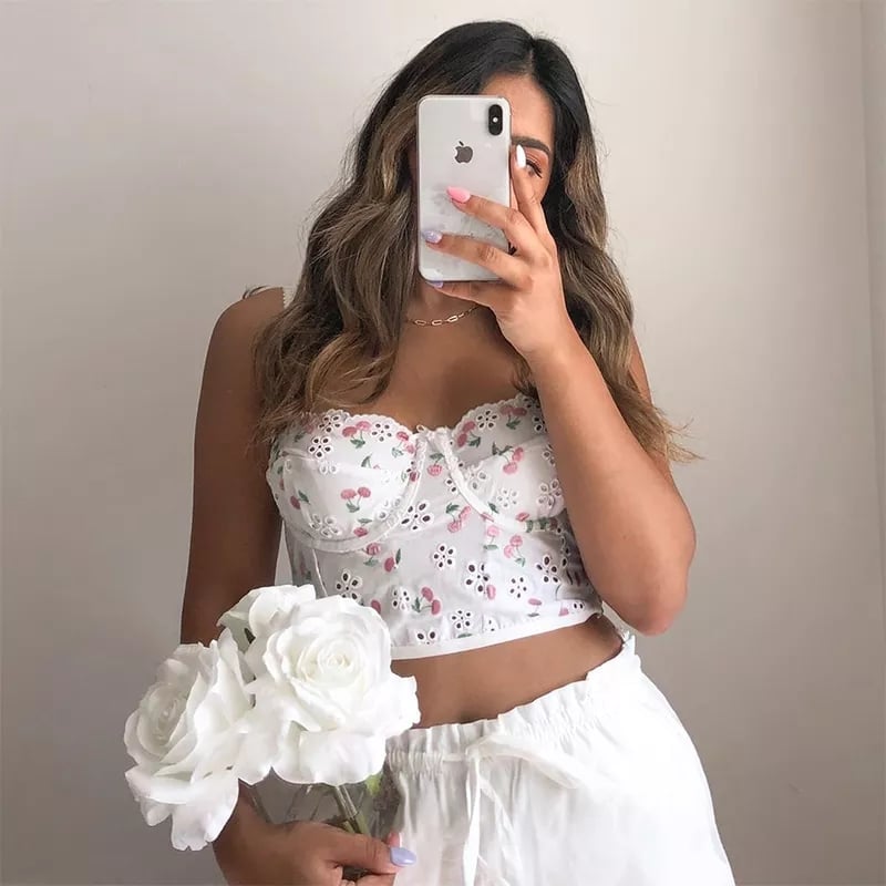 White Cherry Floral Embroidery Milkmaid Corset Top Summer Aesthetic Casual E-Girl Kawaii Korean Japanese Harajuku