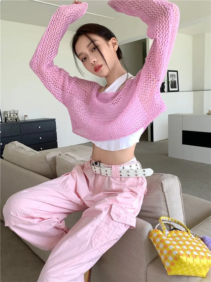 Pink Hollow Out Knit Cropped Sweater