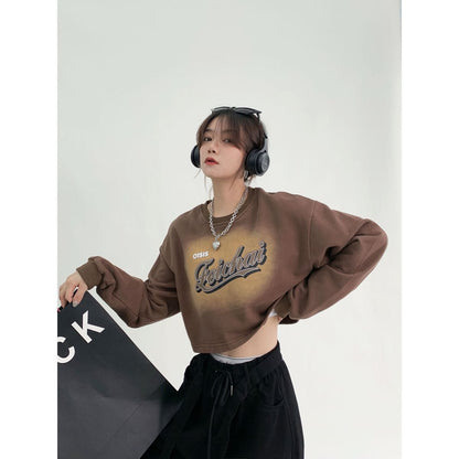 Brown Vintage Letter Print Oversized Long Sleeve Shirt