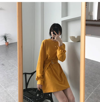 Cute Solid Color Long Sleeve T-shirt Shirt Dress With Belt Loose Oversized Woman Spring Autumn E-Girl Kawaii Korean Japanese Harajuku Retro Streetwear