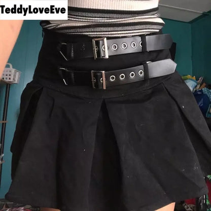 Cute Goth Dark Grunge Punk Pleated High Waisted Rivet Patchwork Mini Skirt Bottoms E-Girl Kawaii Korean Japanese Harajuku Streetwear