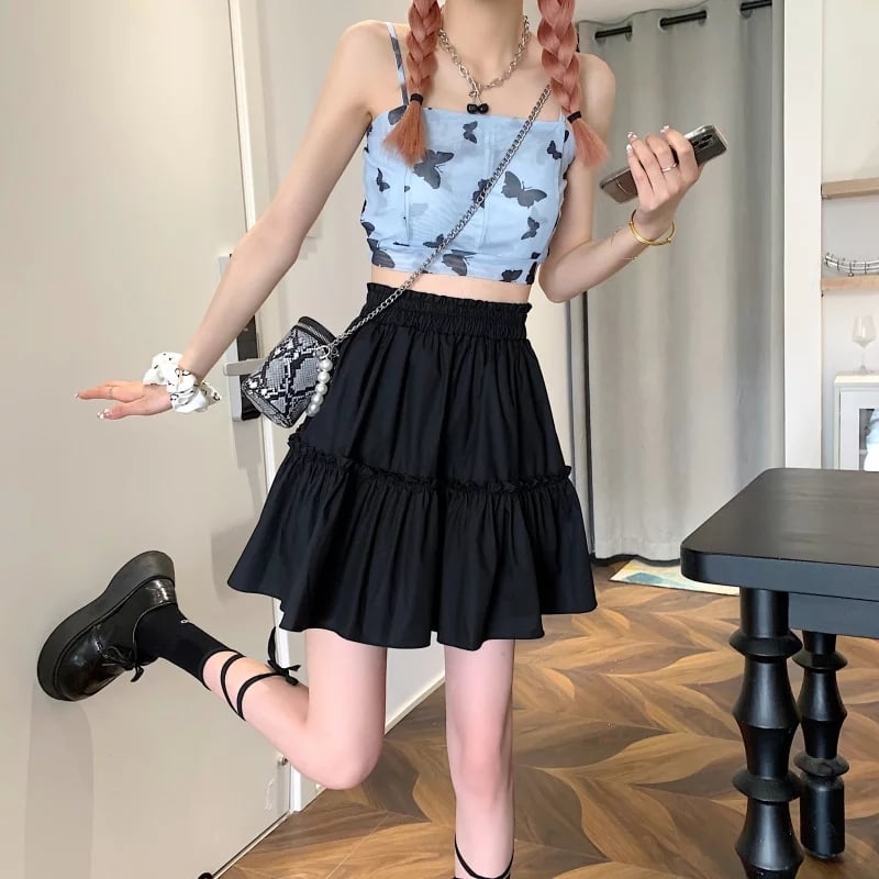 Cute White Ruffles Patchwork High Waist Mini Skirt Fairycore Pleated Preppy Aesthetic Casual Summer E-Girl Kawaii Korean Japanese Harajuku