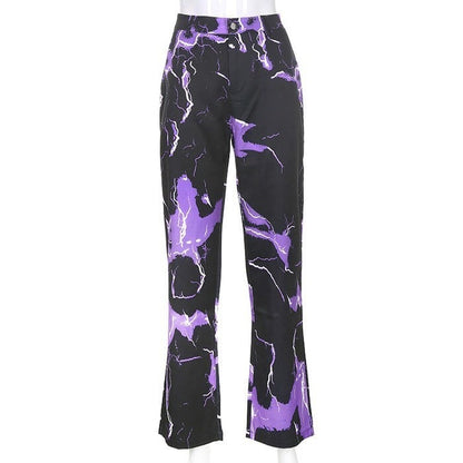Cute Retro Vintage 90s Funky Lightning High Waisted Cargo Trousers Pants Colorful Print Aesthetic E-Girl Kawaii Korean Japanese Harajuku Streetwear