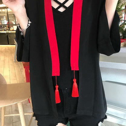 Fox Mask Anime Tassel Blouse Kimono Cardigan Cartoon Print Loose Blouse Long Sleeve Shirt Top E-Girl Kawaii Korean Japanese Harajuku Streetwear