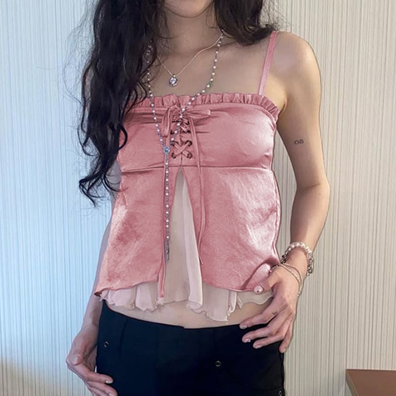 Pink Ruffle 2 Layer Satin Tank Top