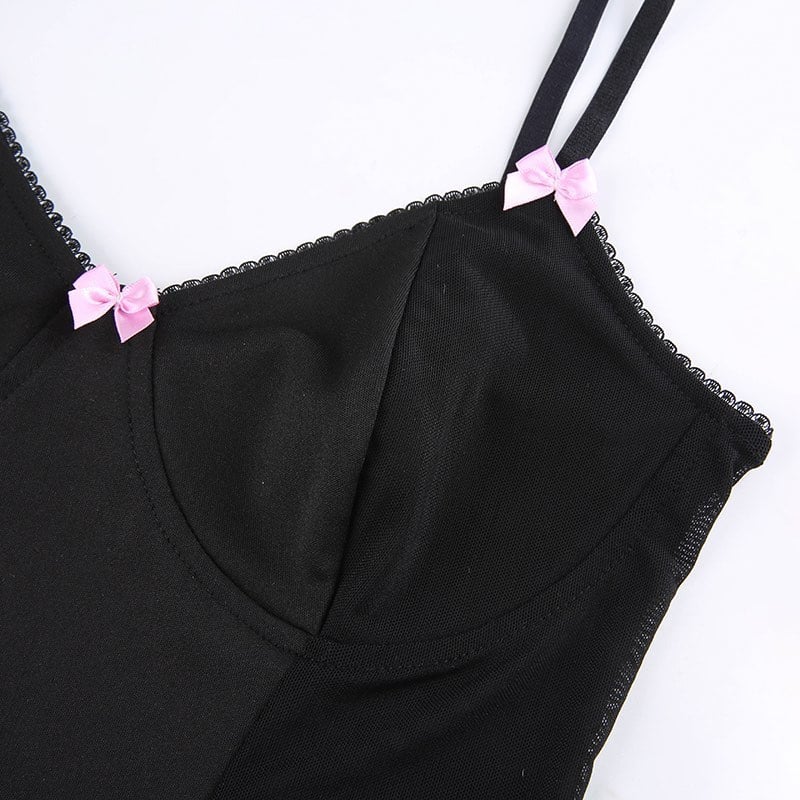 Sexy Pink Ribbon Bow Mesh Panel V Neck Crop Top Camisole Sleeveless Shirt Summer Goth Aesthetic E-Girl Kawaii Korean Japanese Harajuku Streetwear